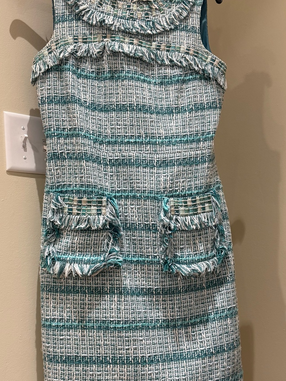 Tory Burch Tweed Fringe Shift Dress Turquoise White Size 0 sleeveless - Picture 2 of 5